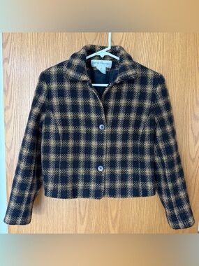Vintage Rena Rowan Cropped Wool Blazer Jacket Women’s 12 Plaid Button Navy Camel